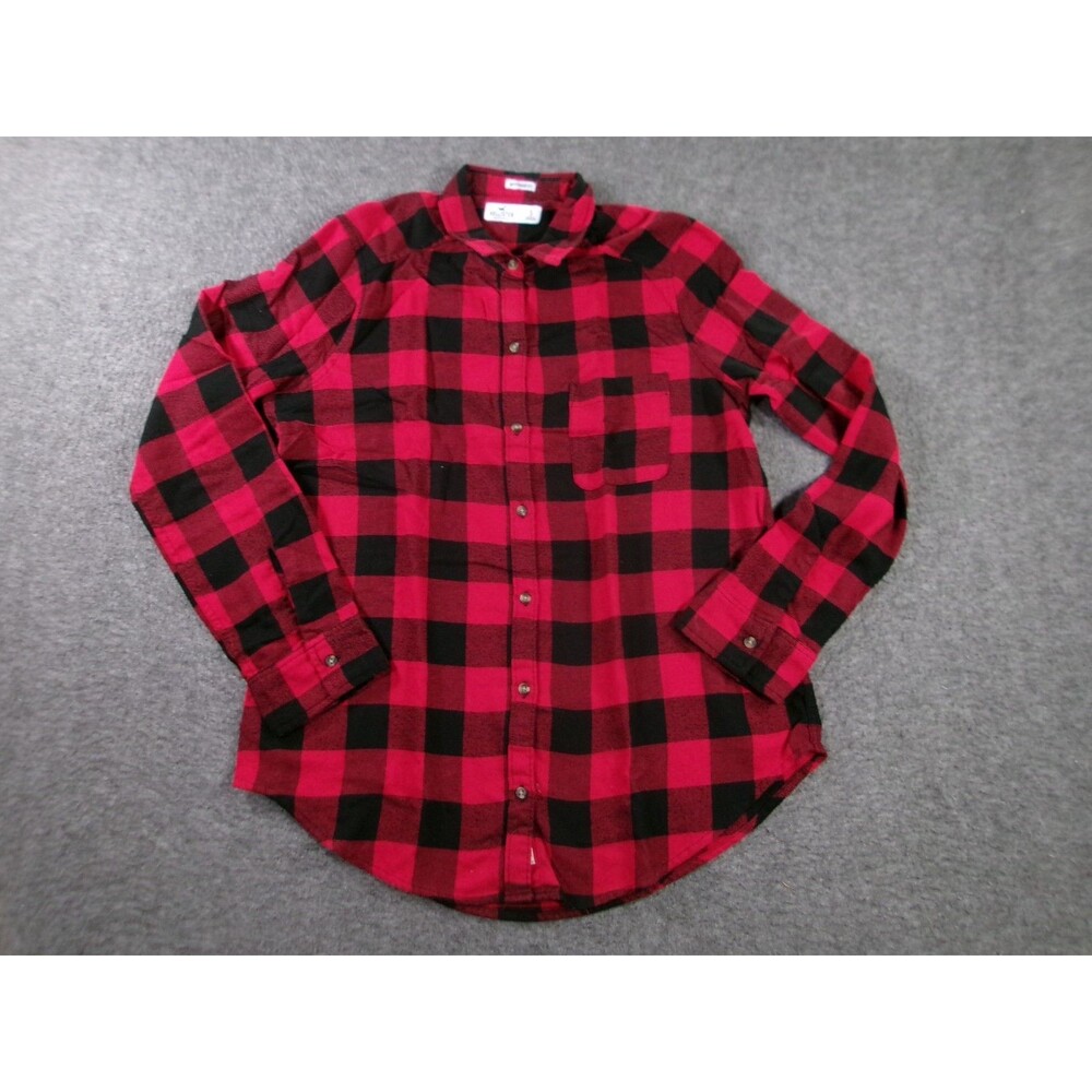 Hollister Top Women Small Red Black Buffalo Plaid Flannel Boyfriend Fit Outdoor